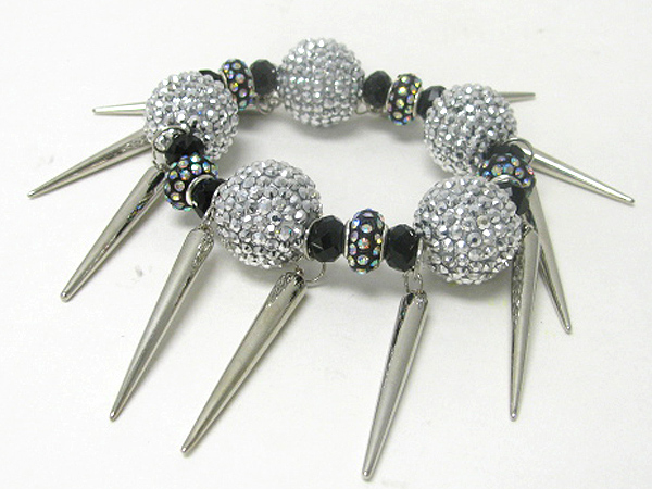 Crystal fireball and metal spike dangle stretch bracelet