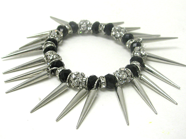 Crystal rondelle ring facet beads and metal spike dangle stretch bracelet