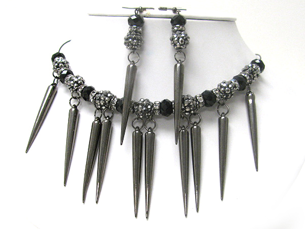 Crystal fireball facet beads and metal spike dangle necklae set