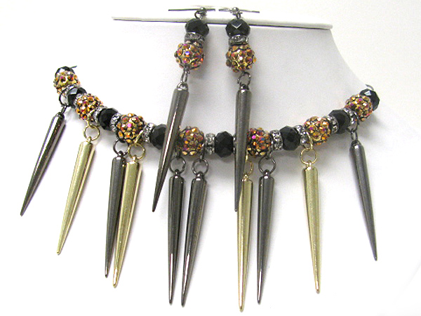 Crystal fireball facet beads and metal spike dangle necklae set