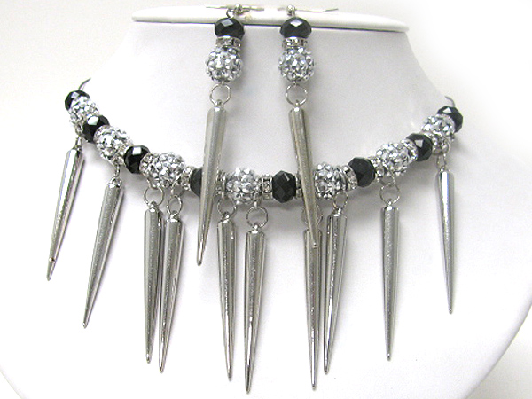 Crystal fireball facet beads and metal spike dangle necklae set