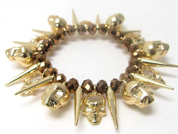 Metal spike and skull charm dangle stretch bracelet