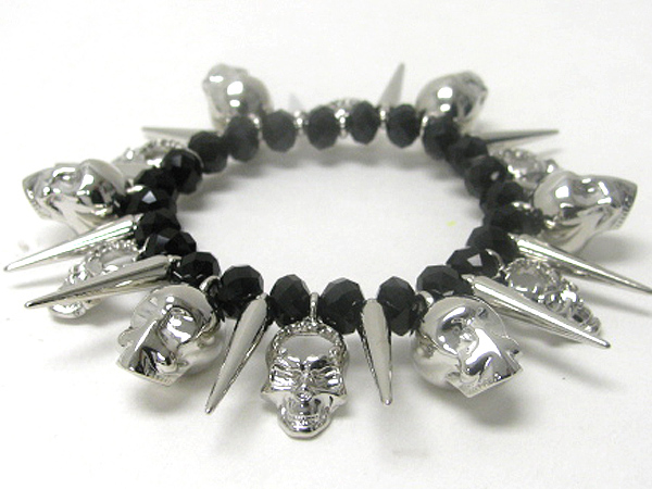 Metal spike and skull charm dangle stretch bracelet