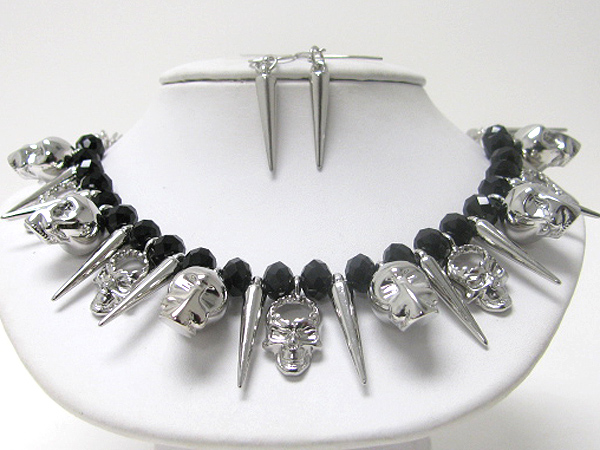 Metal spike and skull charm dangle necklace set