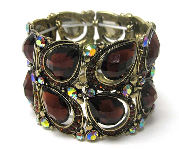 Multi tear drop facet glass and crystal deco stretch bracelet