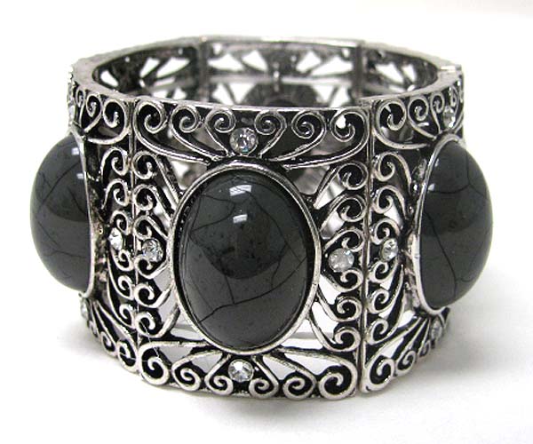 Crystal and large acrylic stone deco metal filigree stretch bracelet