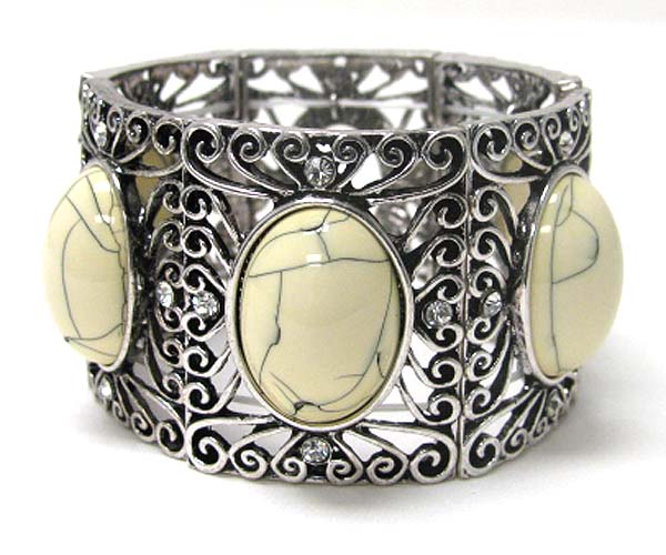 Crystal and large acrylic stone deco metal filigree stretch bracelet