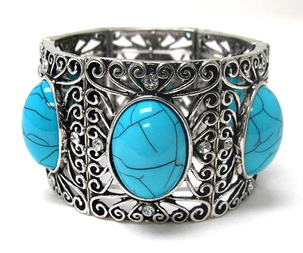 Crystal and large acrylic stone deco metal filigree stretch bracelet