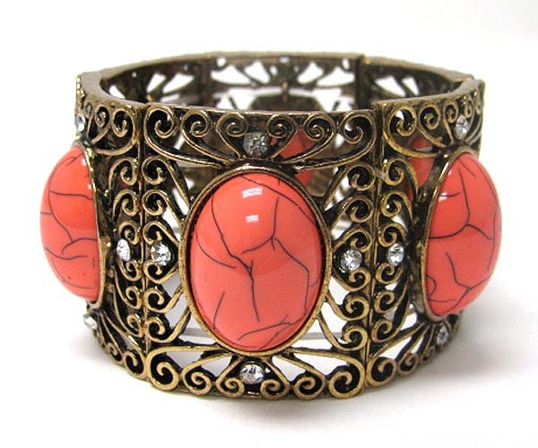 Crystal and large acrylic stone deco metal filigree stretch bracelet