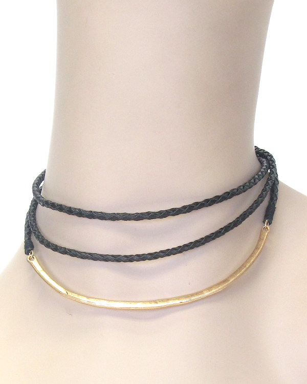 Triple layer leatherette and metal choker necklace