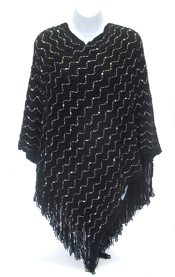 Wave pattern and tassel drop knit poncho - 8.8 oz