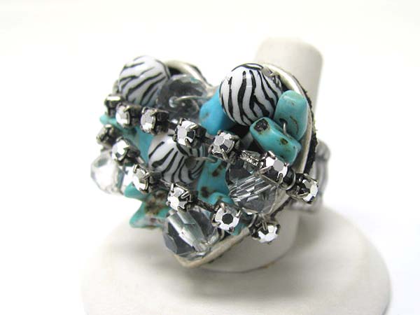 Mixed stone and beads art deco heart stretch ring