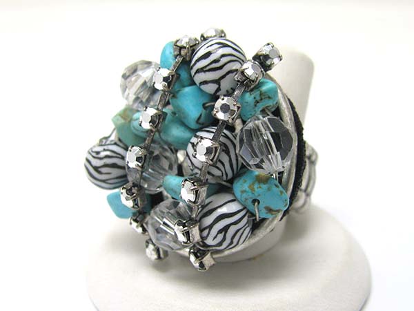 Mixed stone and beads art deco round stretch ring