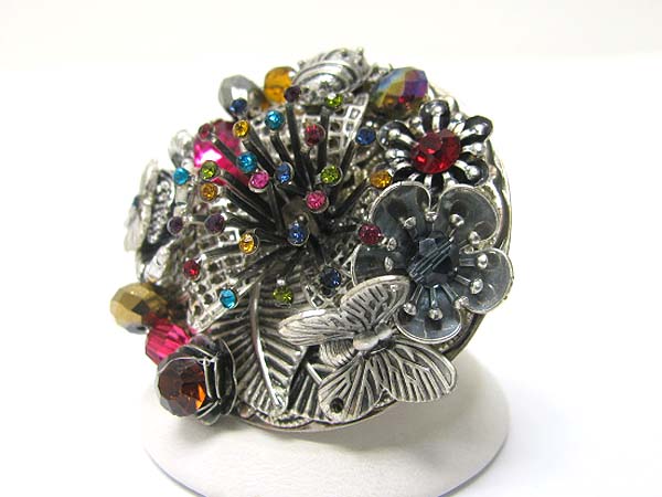 Crystal stud metal art deco flower stretch ring