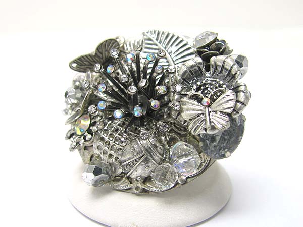 Crystal stud metal art deco flower stretch ring