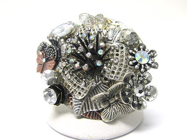 Crystal stud metal art deco flower stretch ring