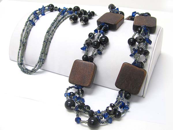 Woods and glass beads mixed long necklace earring set