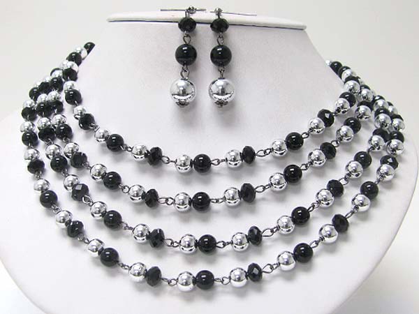 Four row glass and metal beads mixed necklace earring set