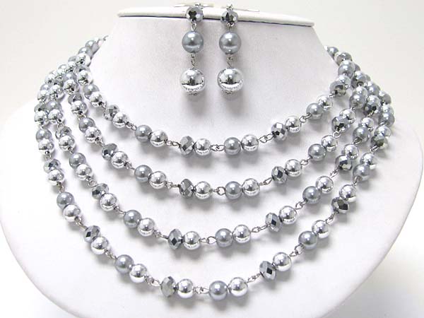 Four row glass and metal beads mixed necklace earring set