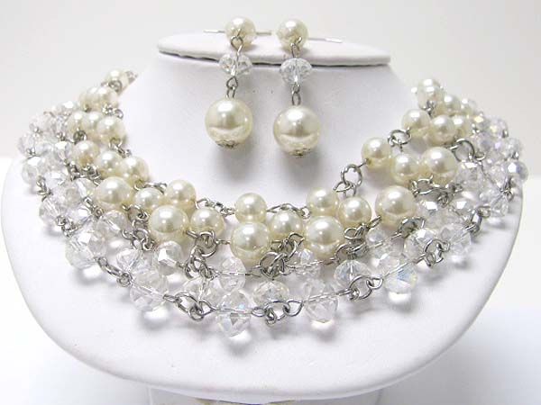 Multi row pearl and facet glass beads necklace earring set