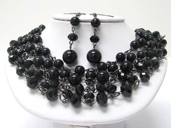 Multi row pearl and facet glass beads necklace earring set