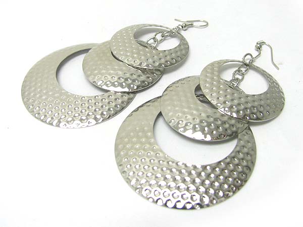 Triple hammered metal disk drop earring