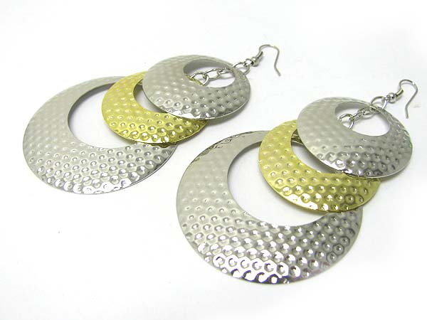 Triple hammered metal disk drop earring