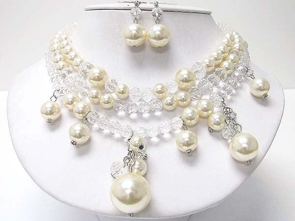 Glass beads and pearl ball drop necklace earring set