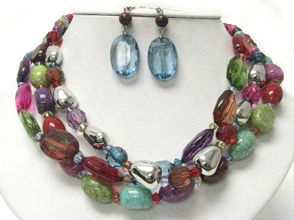 Multi strand mixed chunky stone and beads necklace earring set