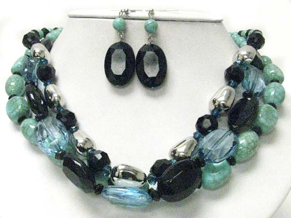 Multi strand mixed chunky stone and beads necklace earring set