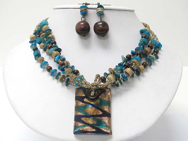 Murano glass pendant multi strand mixed beads necklace earring set