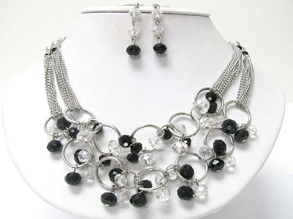 Facet glass stone dangle metal ring and chain link necklace earring set