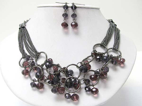 Facet glass stone dangle metal ring and chain link necklace earring set