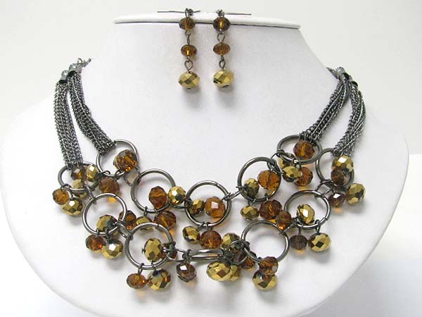 Facet glass stone dangle metal ring and chain link necklace earring set