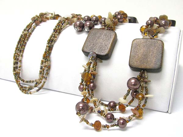 Wood disk and multi strand mixed beads necklace earring set