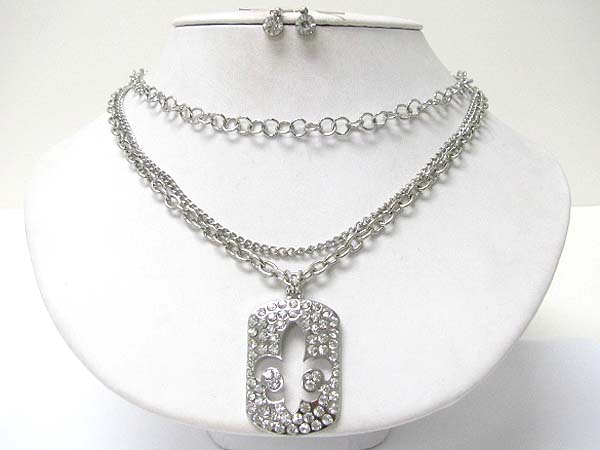 Crystal stud fleur de lis cut out dogtag pendant necklace earring set