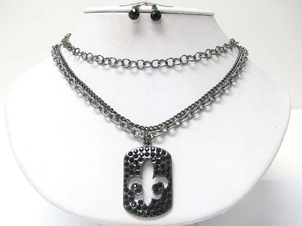 Crystal stud fleur de lis cut out dogtag pendant necklace earring set