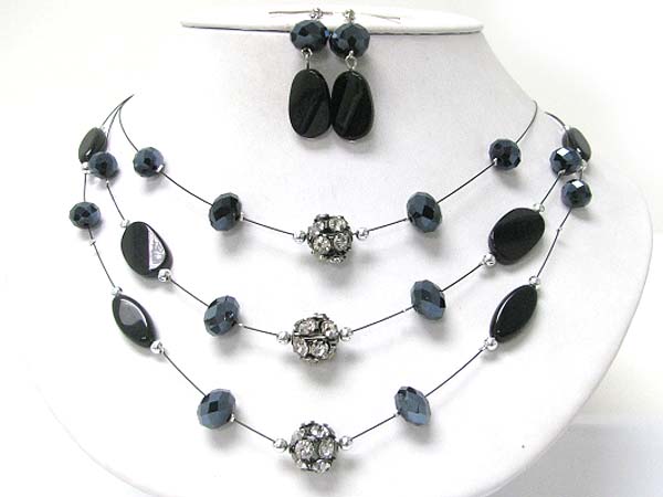 Triple layer crystal stud ball and mixed beads link necklace earring set