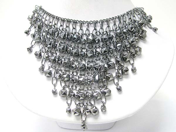 Metal cube and chain mesh bib style necklace