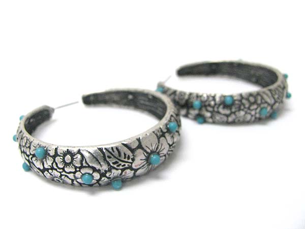 Seed beads deco flower textured metal hoop earring - hoops