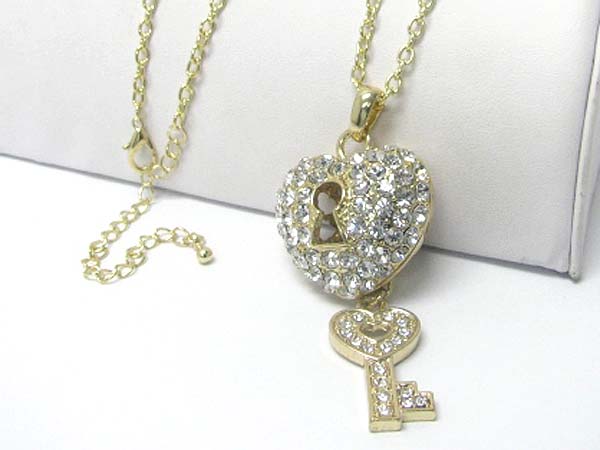 Crystal stud heart lock and key dangle long chain necklace