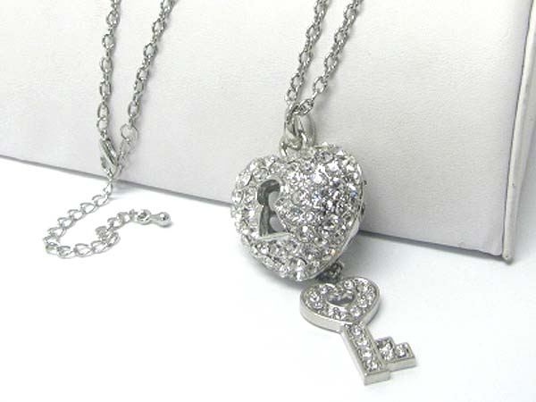 Crystal stud heart lock and key dangle long chain necklace