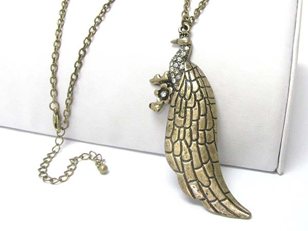 Crystal and detail textured metal peacock pendant long necklace