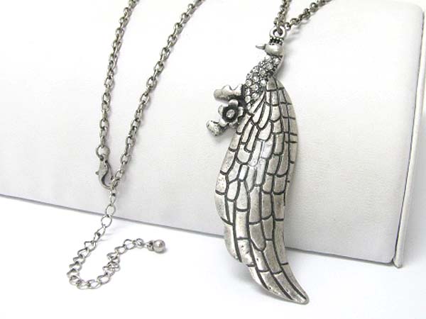 Crystal and detail textured metal peacock pendant long necklace