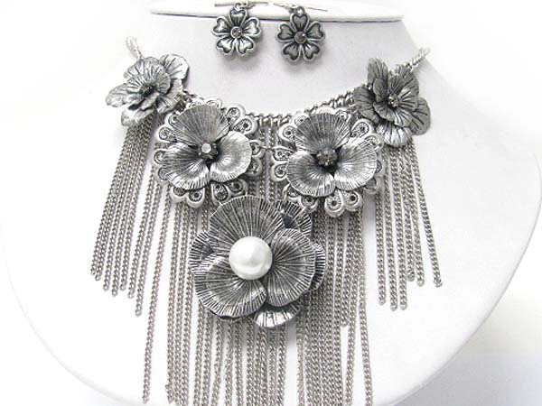 Crystal stud textured multi flower and chain drop necklace earring set