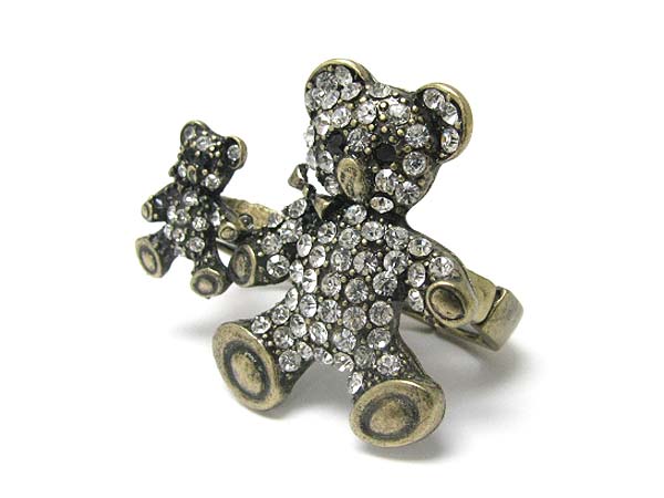 Crystal stud bear dual finger stretch ring 