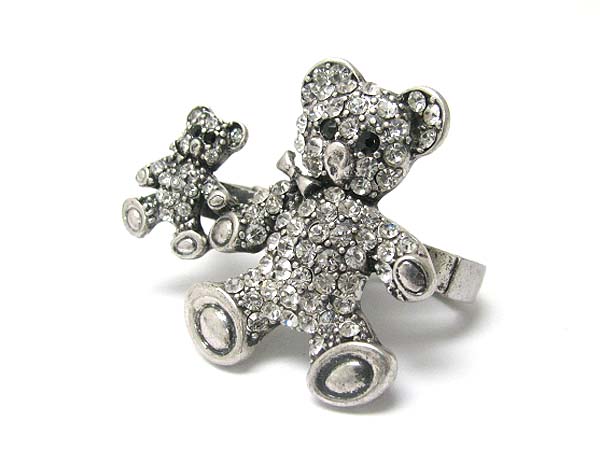 Crystal stud bear dual finger stretch ring 