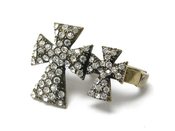 Crystal stud cross dual finger stretch ring 