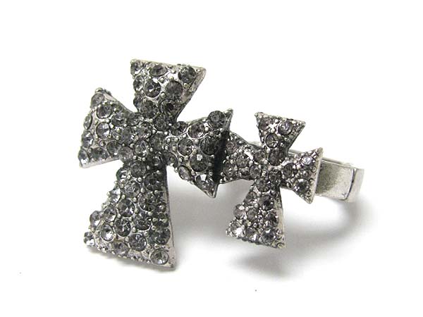 Crystal stud cross dual finger stretch ring 