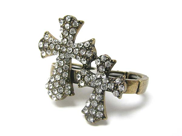 Crystal stud cross dual finger stretch ring 